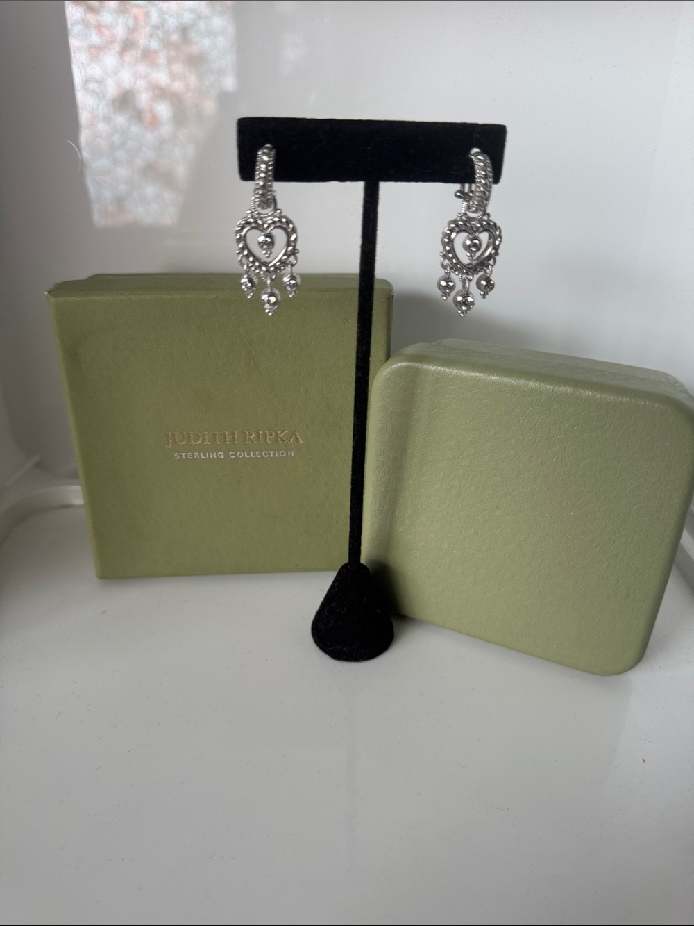 Judith Ripka Sterling Silver Diamonique hoop w/ Heart Drop Earrings